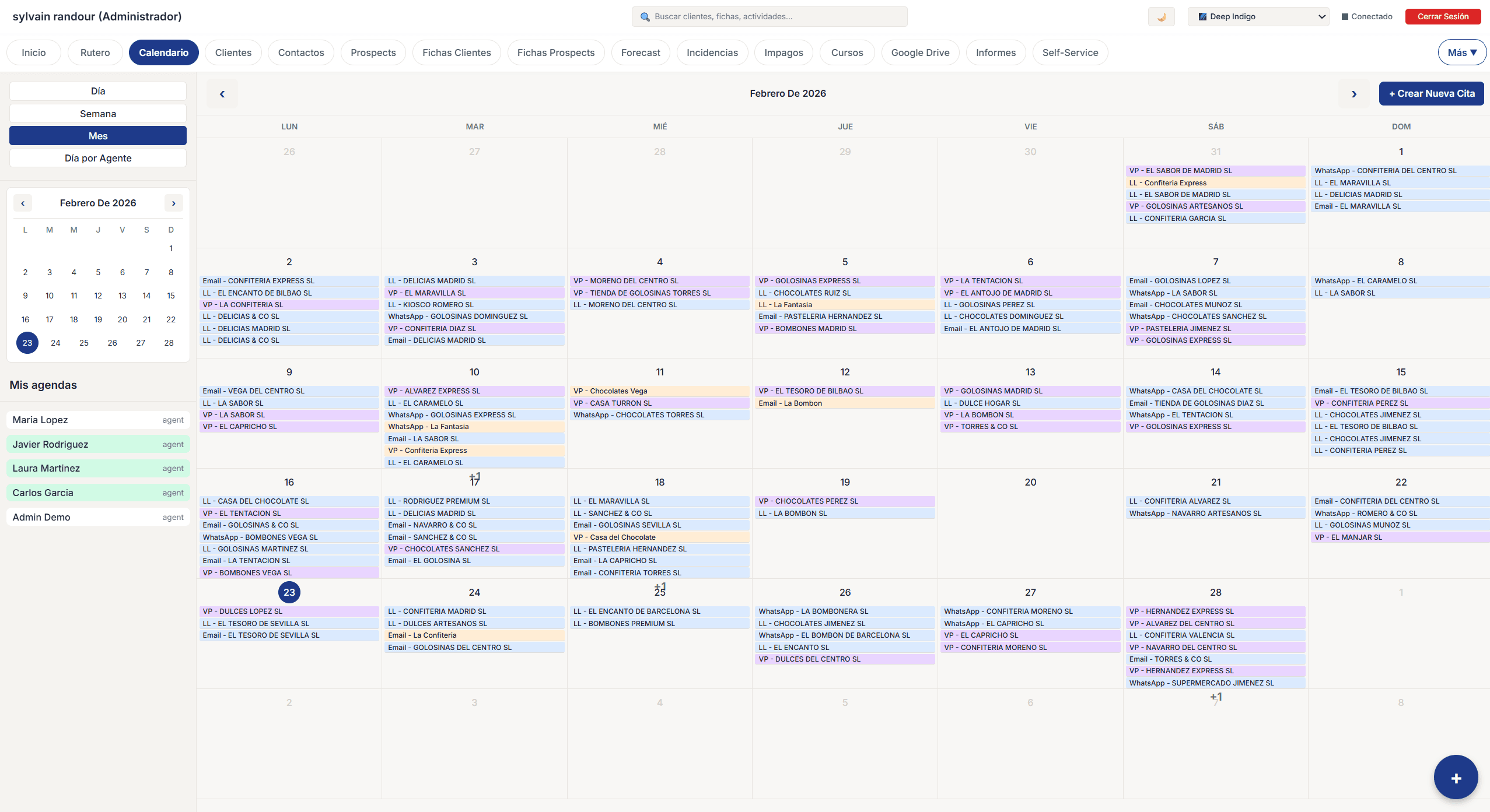 Calendario comercial integrado con visitas, llamadas y tareas programadas