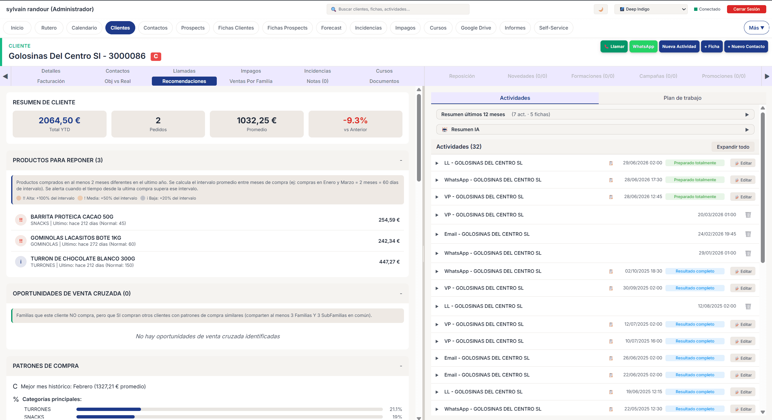 Recomendaciones inteligentes de productos basadas en el historial de compras del cliente. Aqui podemos ver que el cliente deberia reponer! VerynSoft propone diferentes algoritmos muy utiles para los comerciales!