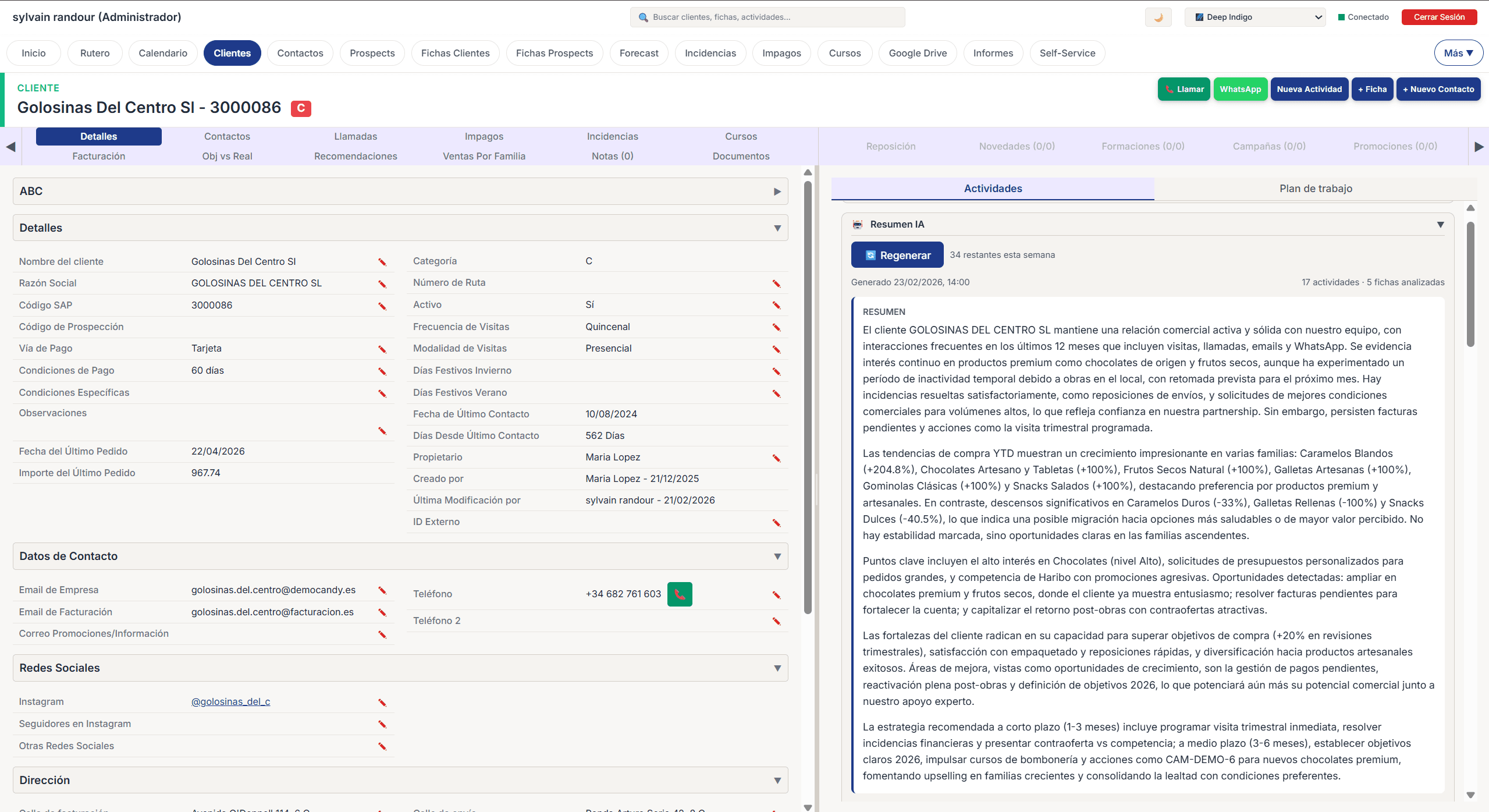 Resumen generado por IA con insights clave del cliente y oportunidades detectadas