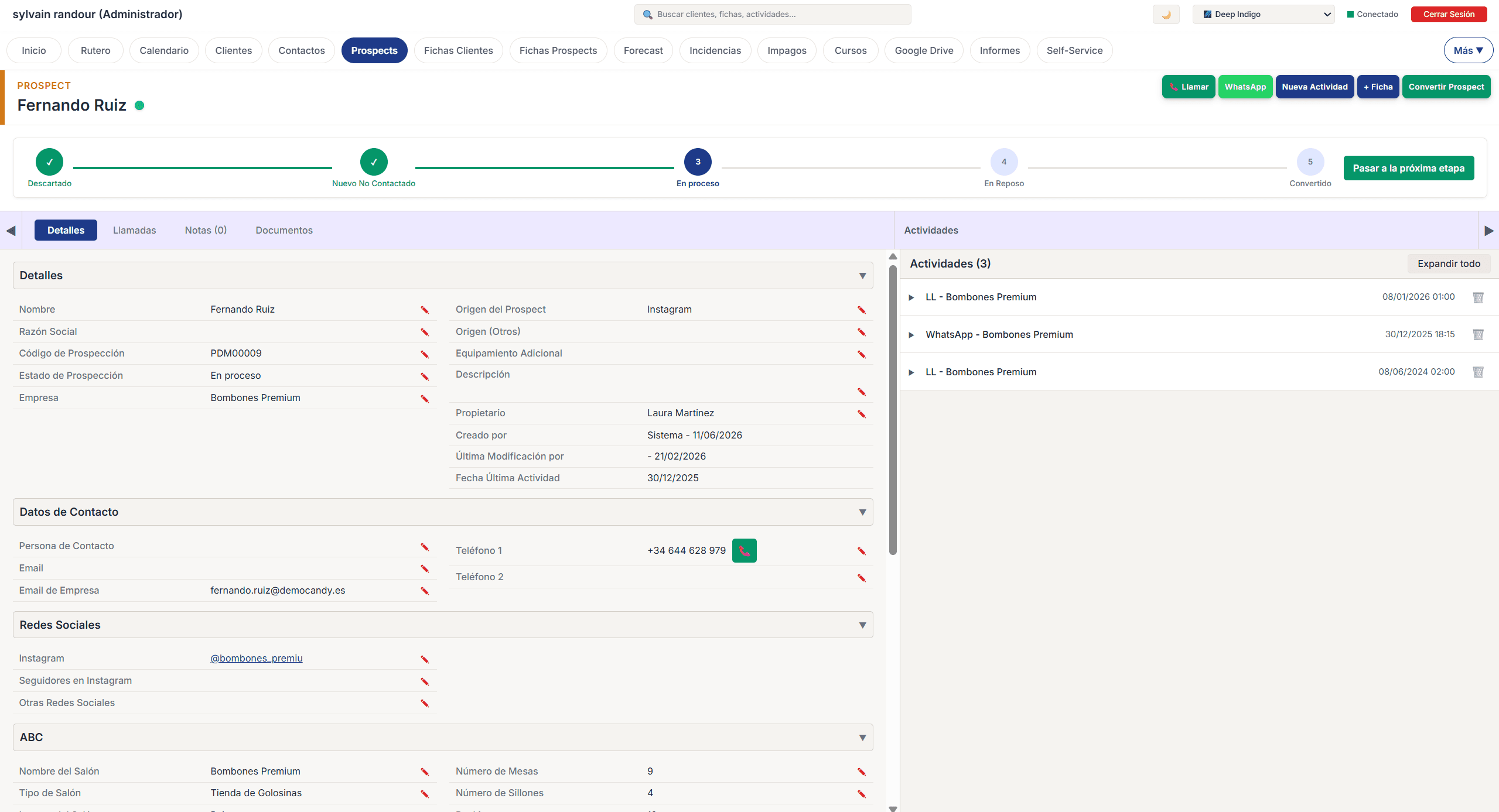 Gestion de prospectos con pipeline visual y seguimiento de oportunidades